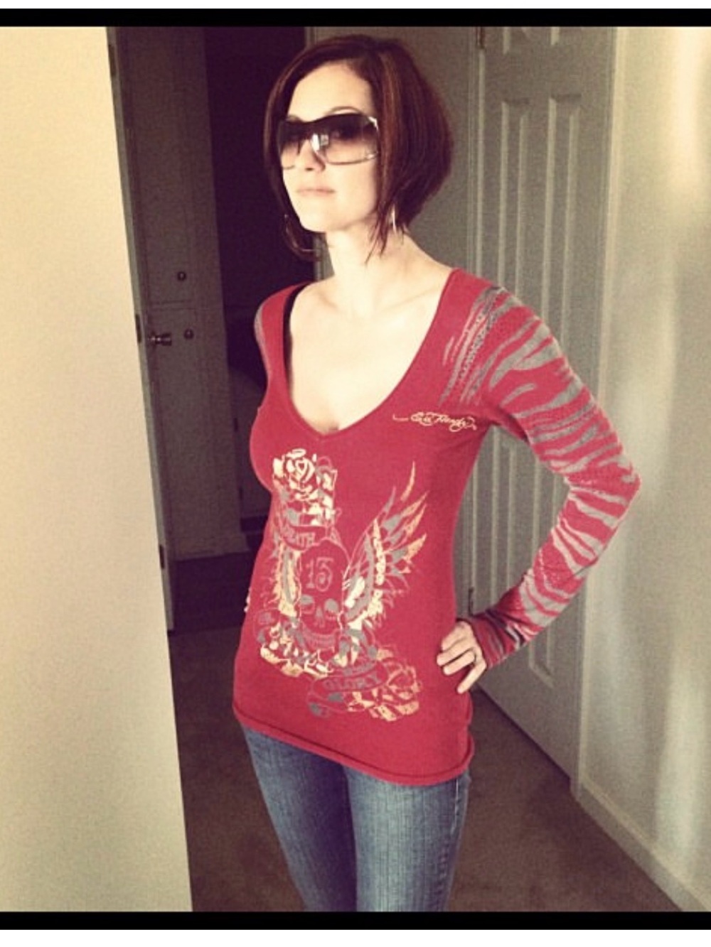 Ed Hardy by Christian Audigier tattoo art Red and Gray Long Sleeve Top - Picture 2 of 9